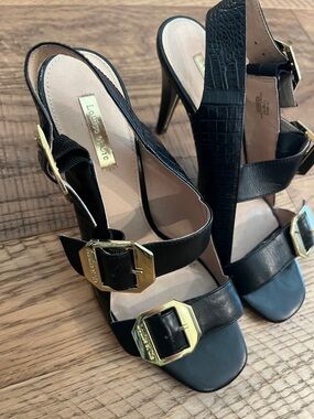Louise et Cie Black Leather High-Heel Slingbacks with Gold Buckles